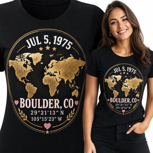 Koszulka damska z retro mapą świata „Boulder, CO” i datą „Jul 5, 1975”