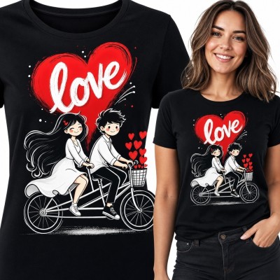 Koszulka damska z parą na tandemie i napisem „Love” - czerwone serca