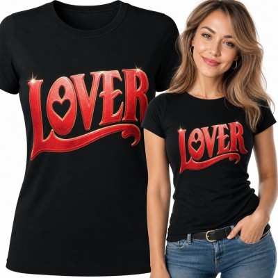 Koszulka damska z sercem i napisem „Lover” - romantyczny wzór retro