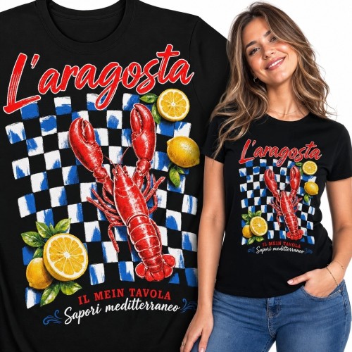Koszulka damska z homarem i cytrynami „L’aragosta” - śródziemnomorski nadruk retro