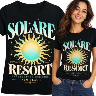 Koszulka damska z retro słońcem „Solare Resort” - Palm Beach
