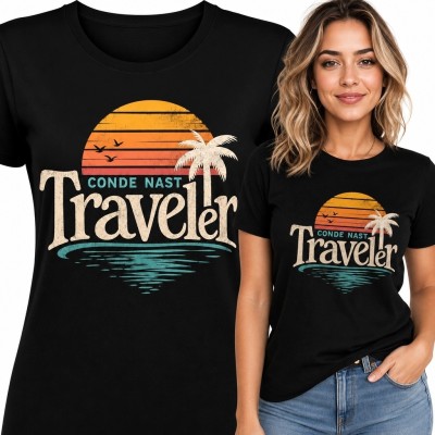 Koszulka damska podróżnicza „Traveler” - zachód słońca i palma