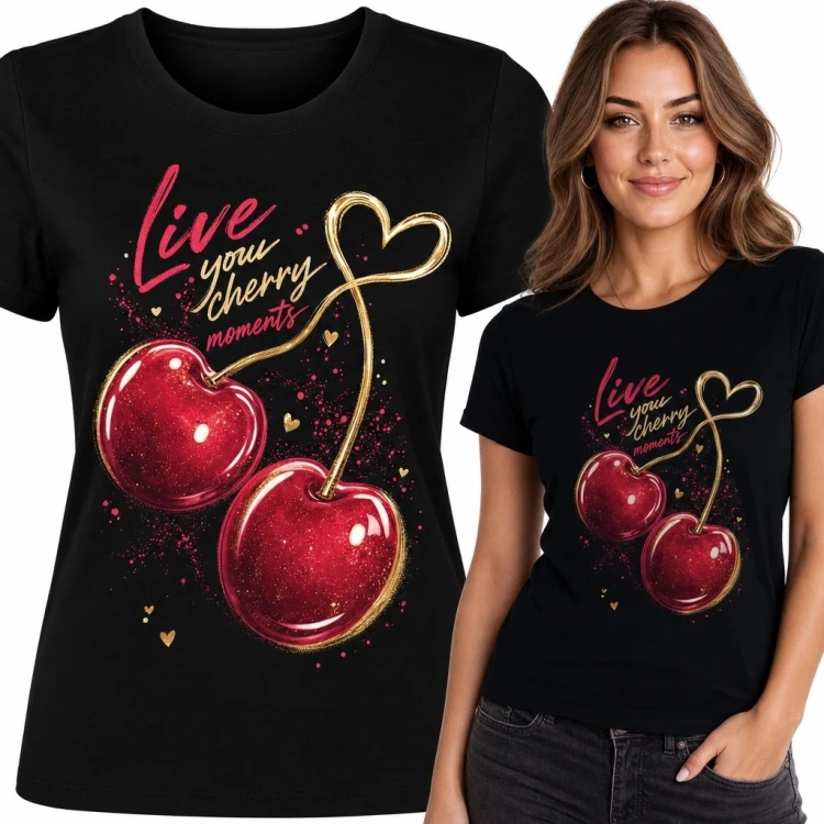 Koszulka damska z wiśniami i sercem „Live your Cherry moments”