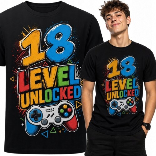 Koszulka męska na 18 urodziny „18 Level Unlocked” - gamingowa z kontrolerem