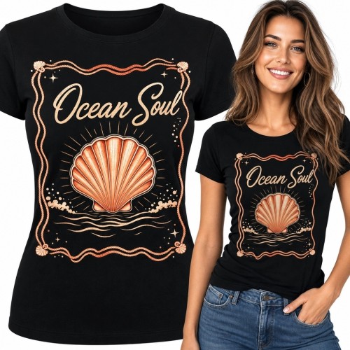 Koszulka damska „Ocean Soul” z muszlą - morski wzór retro