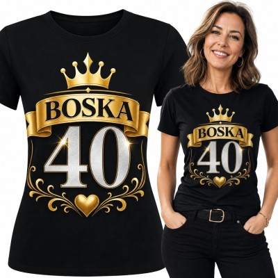 Koszulka damska „Boska 40” na 40 urodziny - czarno-złoty motyw z koroną