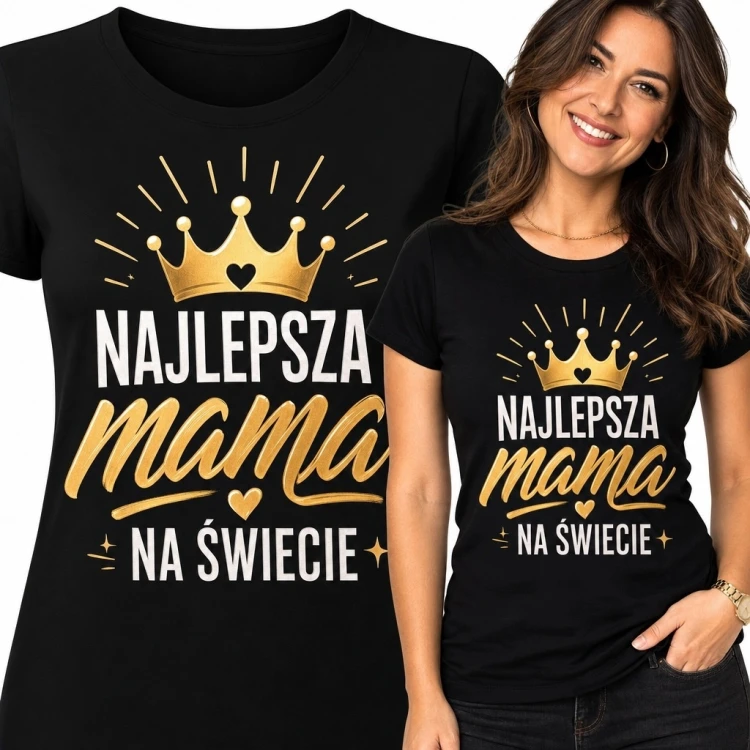 Koszulka damska dla mamy „Najlepsza mama na świecie” - ze złotą koroną