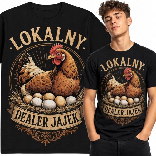 Koszulka męska z kurą i napisem „Lokalny dealer jajek” - wiejski humor