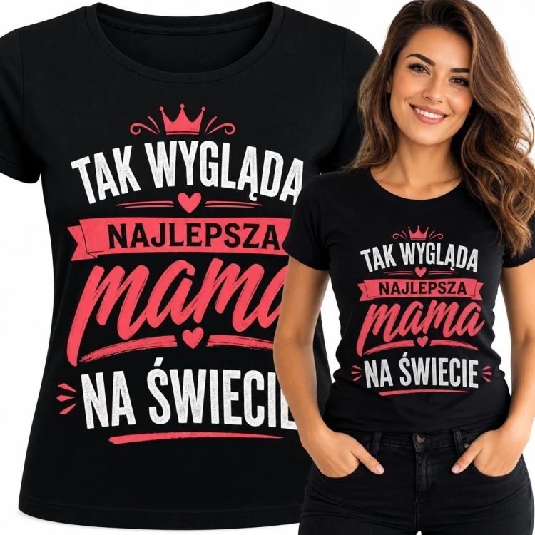 Koszulka damska dla mamy „Tak wygląda najlepsza mama na świecie” - korona i serca