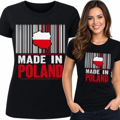 Koszulka damska patriotyczna z konturem Polski „Made in Poland” - biało-czerwony wzór