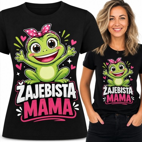 Koszulka damska „Zajebista mama” z uśmiechniętą żabką i różowymi sercami