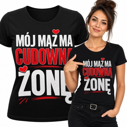 Koszulka damska dla żony „Mój mąż ma cudowną żonę” - humorystyczny nadruk