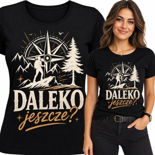 Koszulka damska z wędrowczynią w górach - „Daleko jeszcze?”