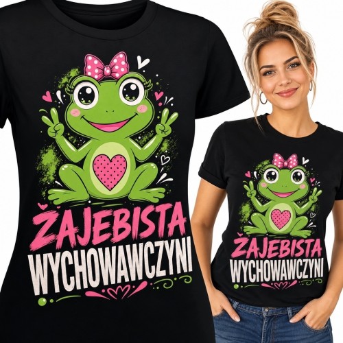 Koszulka damska dla wychowawczyni „Żajebista wychowawczyni” - żaba z kokardą i gestami pokoju