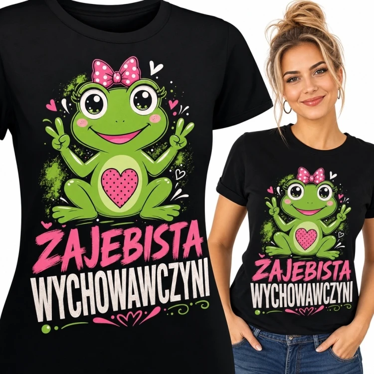 Koszulka damska dla wychowawczyni „Żajebista wychowawczyni” - żaba z kokardą i gestami pokoju
