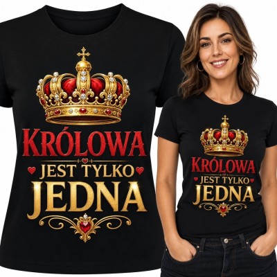 Koszulka damska „Królowa jest tylko jedna” - czerwono-złoty nadruk z koroną i heraldycznymi ornamentami