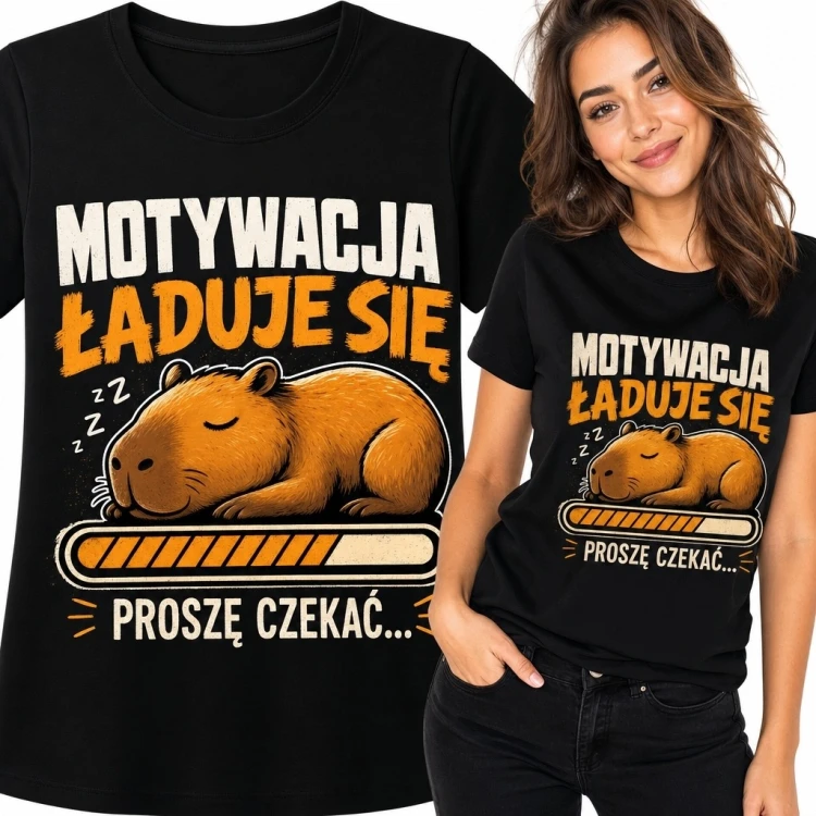 Koszulka damska z kapibarą „Motywacja ładuje się” - zabawny wzór