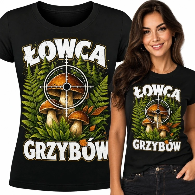 Koszulka damska dla grzybiarki „Łowca grzybów” - borowiki i paprocie