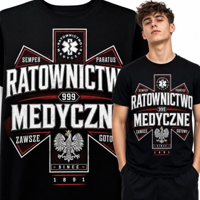 Koszulka męska dla ratownika medycznego „Ratownictwo Medyczne” - orzeł, gwiazda życia i 999