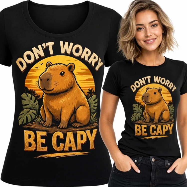 Koszulka damska z kapibarą „DON'T WORRY BE CAPY” - tropikalne liście i zachód słońca