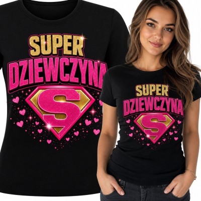 Koszulka damska „Super Dziewczyna” - różowo-złoty motyw superbohaterki