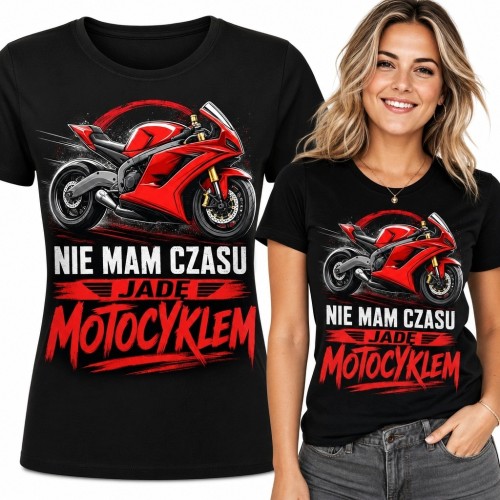 Koszulka damska z czerwonym motocyklem i napisem „Nie mam czasu jadę motocyklem” - czarna