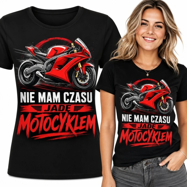 Koszulka damska z czerwonym motocyklem i napisem „Nie mam czasu jadę motocyklem” - czarna