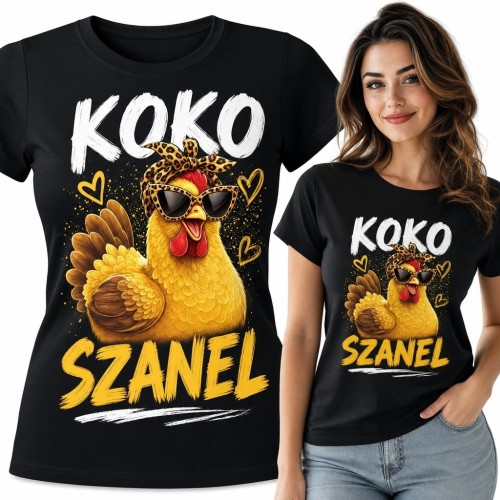 Koszulka damska „Koko Szanel” z kurą w stylu glamour - zabawny nadruk