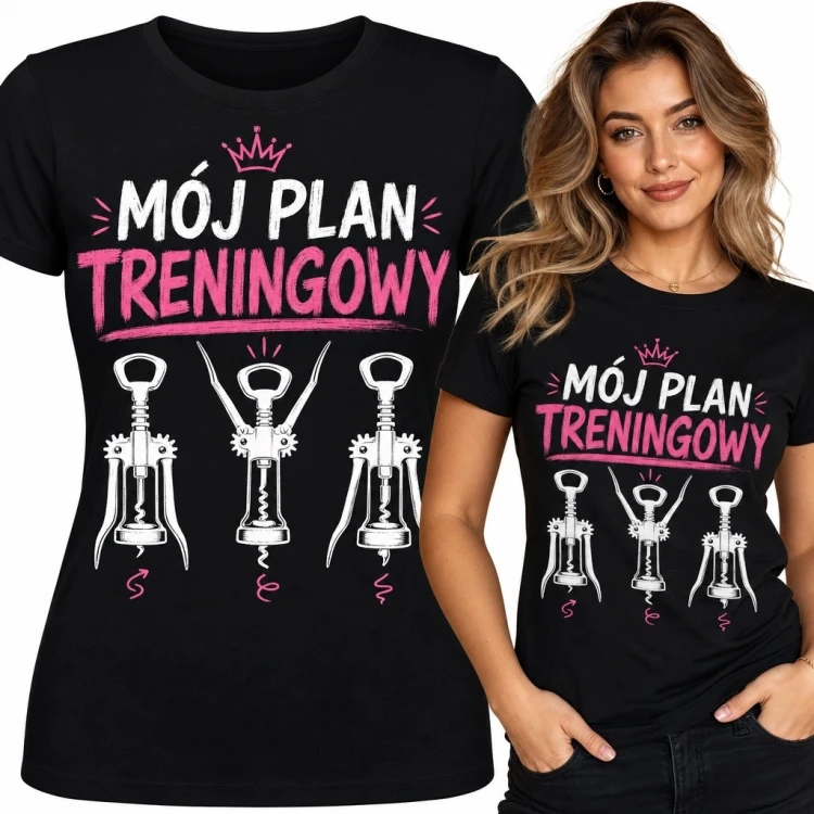 Koszulka damska z korkociągami „Mój plan treningowy” - dla miłośniczki wina