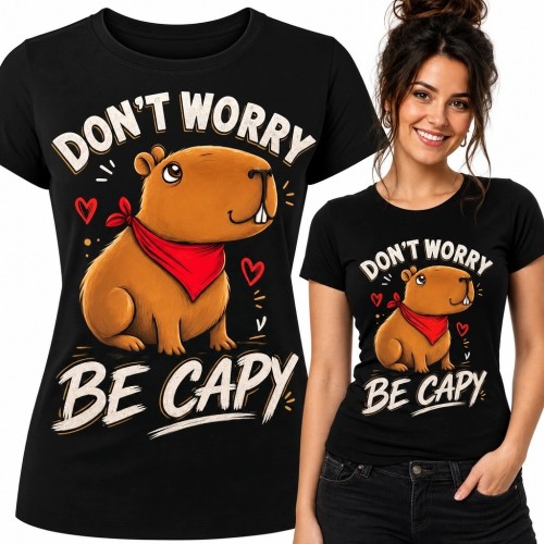 Koszulka damska z kapibarą „Don't Worry Be Capy” - zabawny nadruk