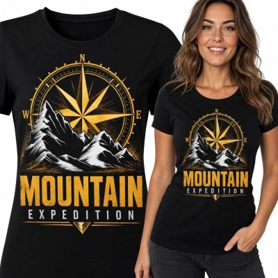 Koszulka damska z górskim nadrukiem „Mountain Expedition” - róża kompasowa