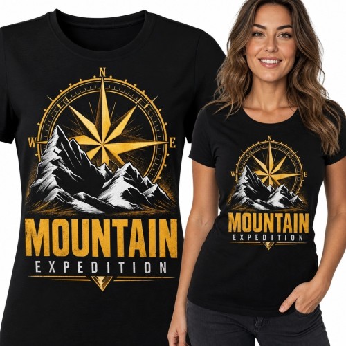 Koszulka damska z górskim nadrukiem „Mountain Expedition” - róża kompasowa