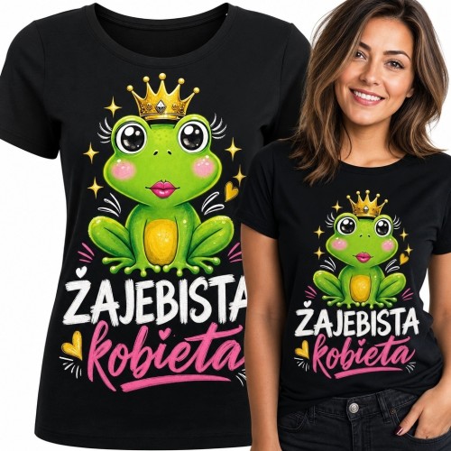 Koszulka damska z żabą w koronie „Zajebista kobieta” - zabawny nadruk