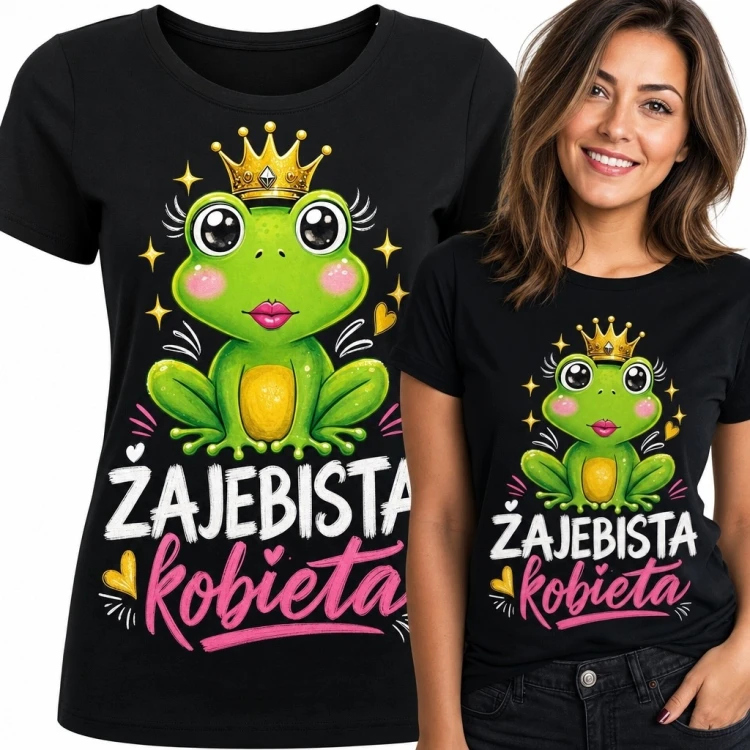 Koszulka damska z żabą w koronie „Żajebista kobieta” - zabawny nadruk