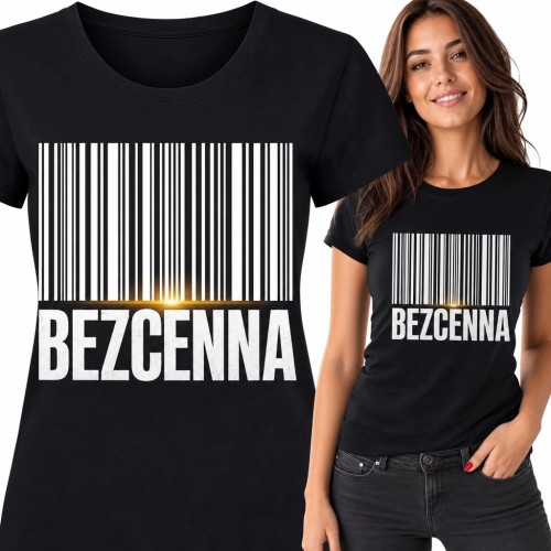 Czarna koszulka damska z kodem kreskowym i napisem „Bezcenna”