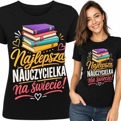 Koszulka damska dla nauczycielki „Najlepsza nauczycielka na świecie!” - kolorowe książki