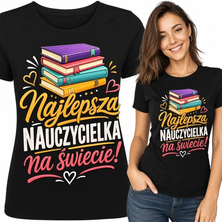 Koszulka damska dla nauczycielki „Najlepsza nauczycielka na świecie!” - kolorowe książki
