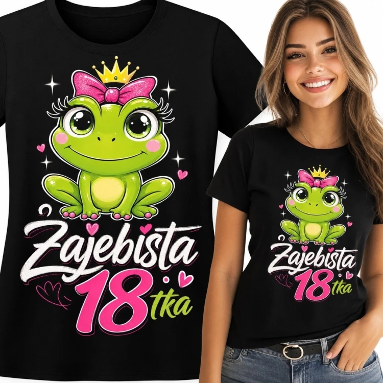 Koszulka damska na 18 urodziny z żabką w koronie - „Żajebista 18tka”