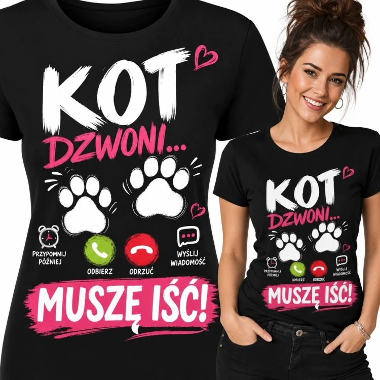 Koszulka damska z kocimi łapami „Kot dzwoni... muszę iść!”