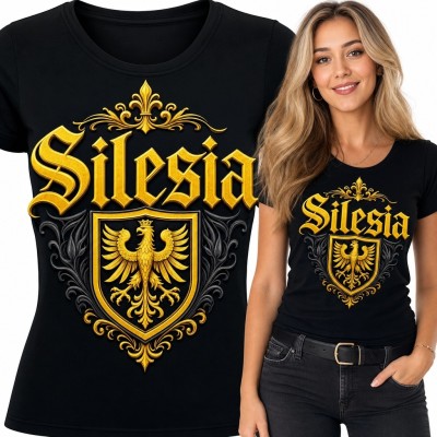 Koszulka damska ze złotym orłem „Silesia” - śląski motyw heraldyczny