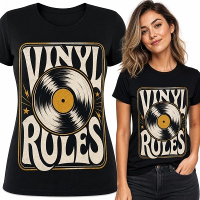 Koszulka damska z płytą winylową i napisem „Vinyl Rules” - retro wzór muzyczny
