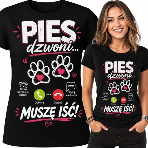 Koszulka damska z psim nadrukiem „Pies dzwoni... Muszę iść!” - czarna