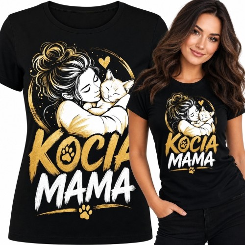 Koszulka damska „Kocia mama” - kobieta przytulająca kota