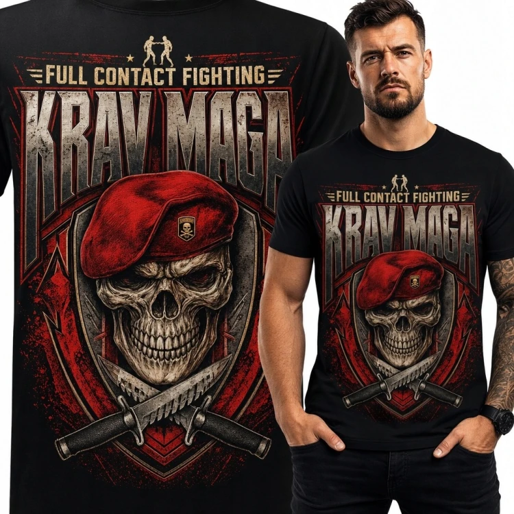 Koszulka męska z czaszką i nożami „Krav Maga” - militarny nadruk