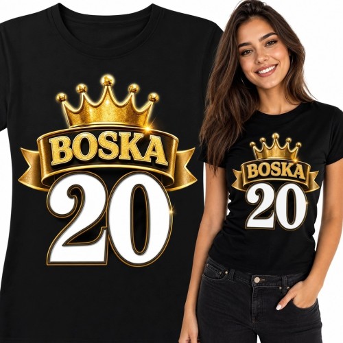 Koszulka damska na 20 urodziny „Boska 20” - złota korona