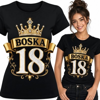 Koszulka damska na 18 urodziny „Boska 18” - korona i złote ornamenty