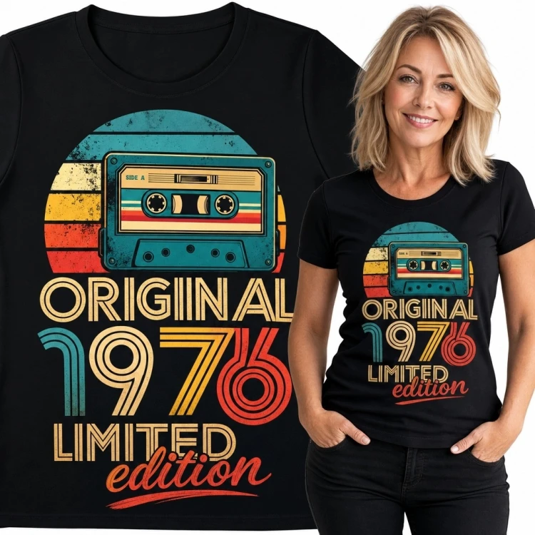 Koszulka damska na 50 urodziny z motywem kasety „Original 1976 Limited edition” - retro