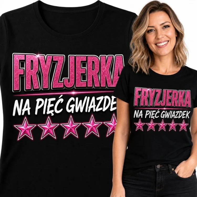 Koszulka damska dla fryzjerki „Fryzjerka na pięć gwiazdek” - pięć różowych gwiazd