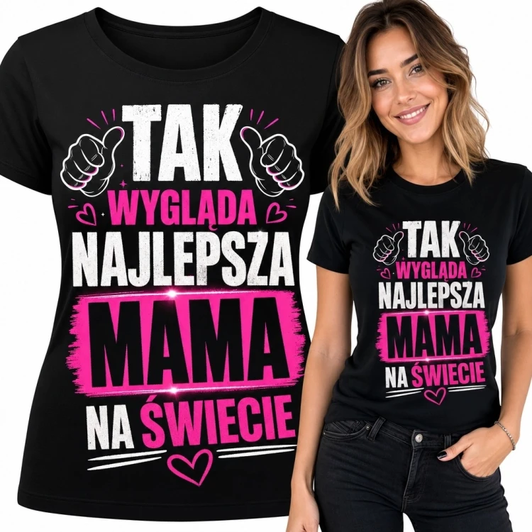 Koszulka damska dla mamy „Tak wygląda najlepsza mama na świecie” - biało-różowy nadruk