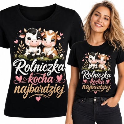 Koszulka damska dla rolniczki z cielętami - „Rolniczka kocha najbardziej”